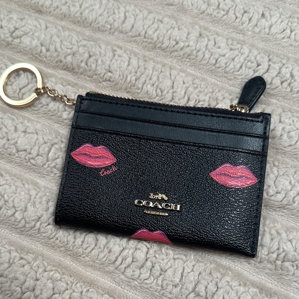 Coach Mini Skinny Black ID Card Case with Pink Lip Accents